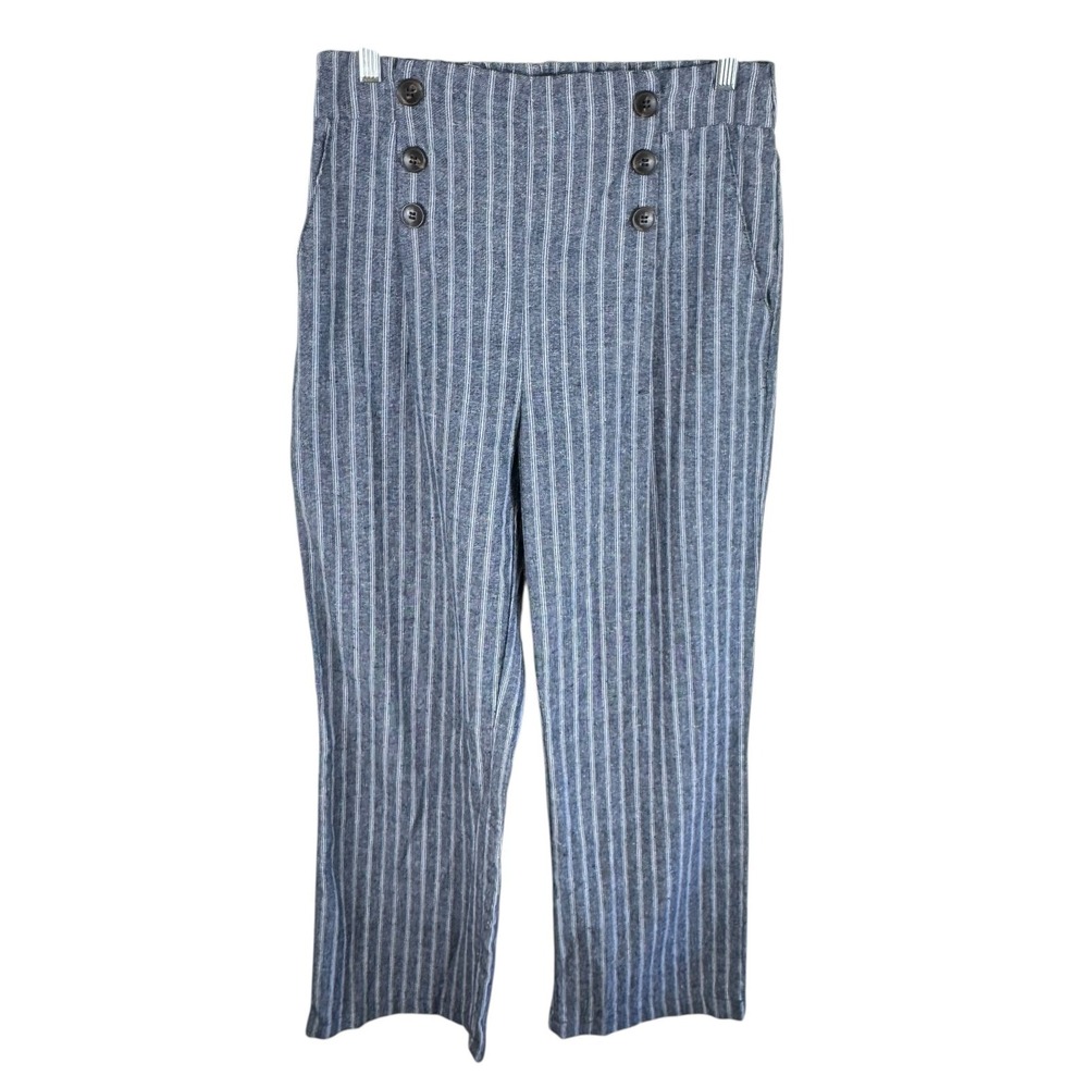 Ci Sono Linen Blue White Pinstriped Beachy Coastal High Rise‎ Pull On Pants Sz M